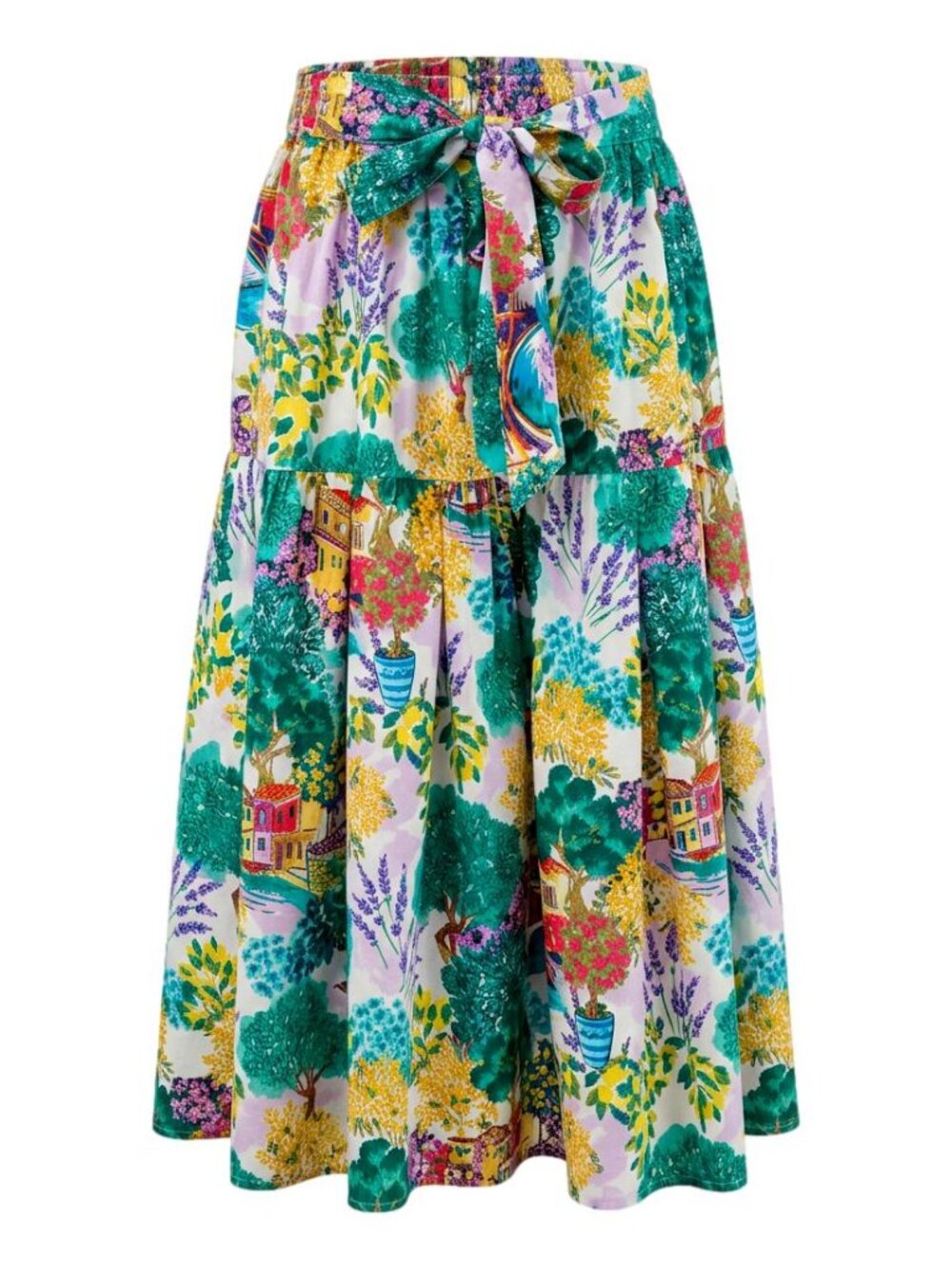 Vintage Style Deja Bleu Premium Paris Print Cotton Blend Midi Skirt Belted Large